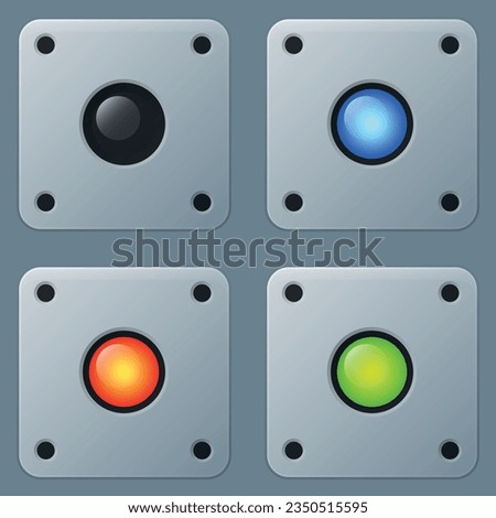 Highly detailed realistic set of illustrations of glowing green, red and blue light indicator in off and on states. User interface design Light-emitting diode for control panel.