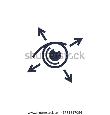 Eye and arrows. Look in all directions. All-round visibility. Vector icon isolated on white background.