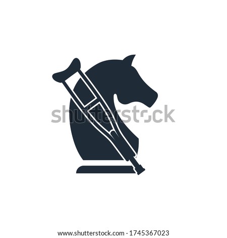 Chess knight and crutch. Economic failure. Lame business. Vector icon isolated on white background.