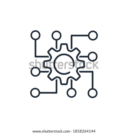 Rotating gear and electronic information channels. Multichannel control system, communication. Vector linear icon isolated on white background.