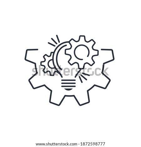 The interaction of a light bulb and gears. Improving functionality opportunity. Modernization technical capabilities.Vector linear icon isolated on white background.