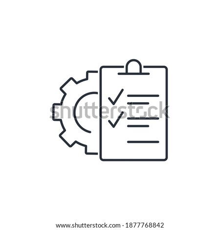 Gear and check list. Technical description and characteristics. Vector linear icon isolated on white background.