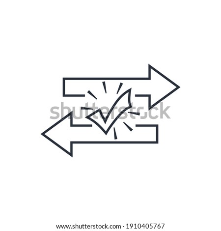 Transfer arrows and check mark. Vector linear icon isolated on white background.