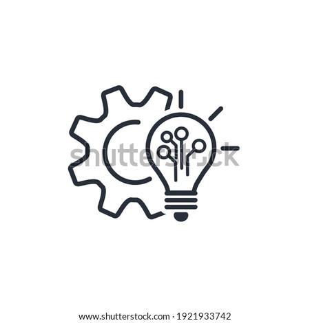 Gear, electronics and light bulb. Technical electronic innovation. Vector linear icon isolated on white background.