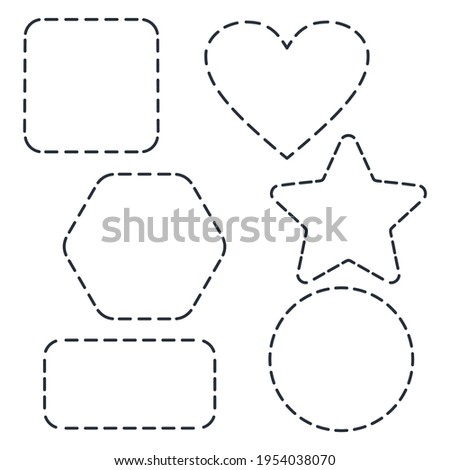 A set of dashed line shapes with rounded edges. Square, heart, star, hexagon, circle. Vector badges isolated on white background.