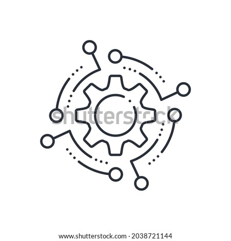 Electronic mechanism. Systemic interaction. Automatic control. Digital technological processor. Vector linear icon isolated on white background.