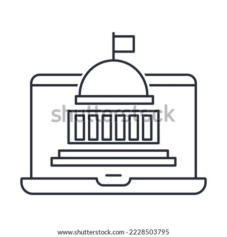 State building on a computer monitor. Electronic government. Digital State. Vector linear icon isolated on white background.