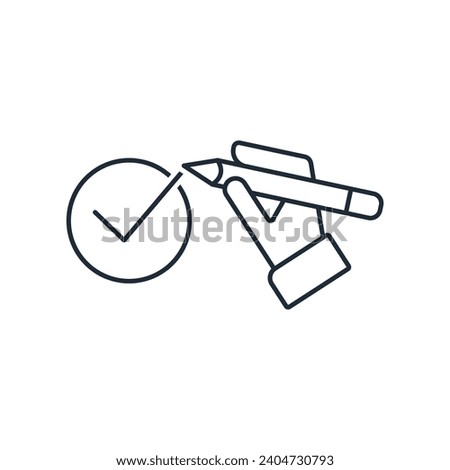 Businessman drawing round check mark symbol. Well Done.  Vector linear icon illustration isolated on white background.