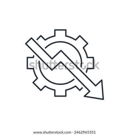 Gear and down arrow. Decrease in activity, productivity, profitability. Vector linear icon isolated on white background.