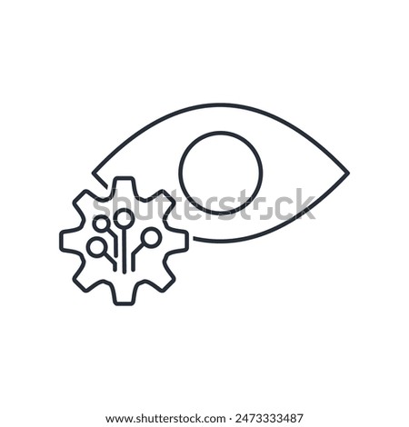 Eye and gear with a microcircuit. Electronic visual analysis. Verification system. Vector linear icon isolated on white background.