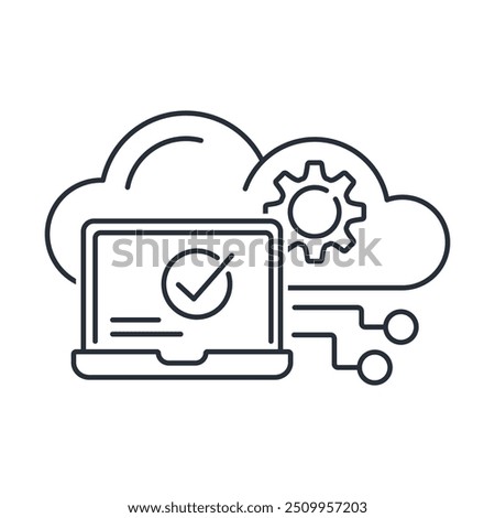 Virtual machine. Automation administration. Cloud computing symbol. Vector linear icon isolated on white background.