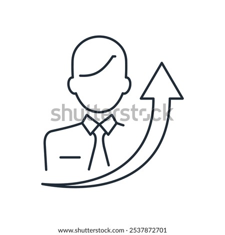 Business man and arrow moving up. Successful activity. Vector linear icon isolated on white background.