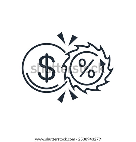 Milling cutter with percent sign cuts off part of dollar. Inflation process. Vector linear icon isolated on white background.