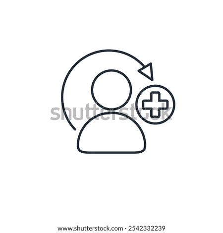 Person profile avatar with plus symbol. Add new user, friend.Vector linear icon illustration isolated on white background.