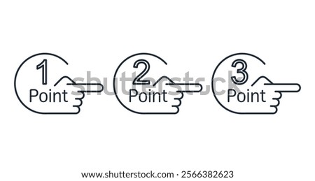  Hand pointing finger and forward arrow. Promotion points. Business success and startup development. Social media marketing and promotion.Vector linear icon isolated on white background.