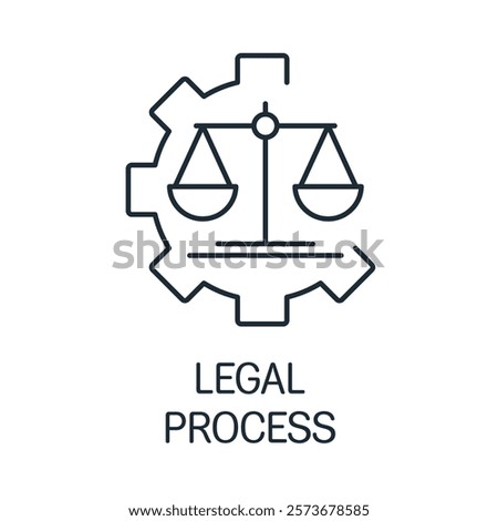 Mechanism and scales of justice. Legal process.Vector linear icon isolated on white background.