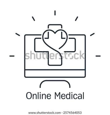 Online medical services.  Medical cross with heart on computer monitor.Vector linear illustration icon isolated on white background.