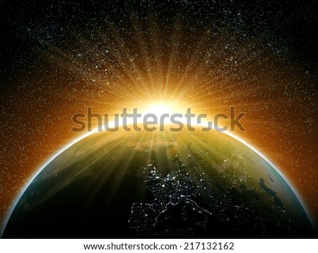 Space sunrise on planet earth, new day concept \