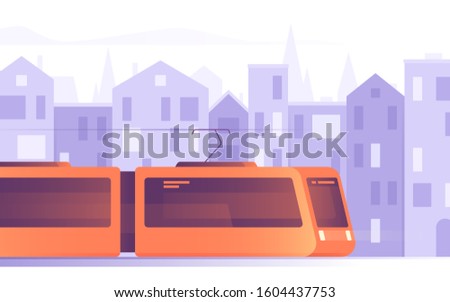 Vector illustration of a modern tram, light rail, commuter train with the old city skyline in the background.
