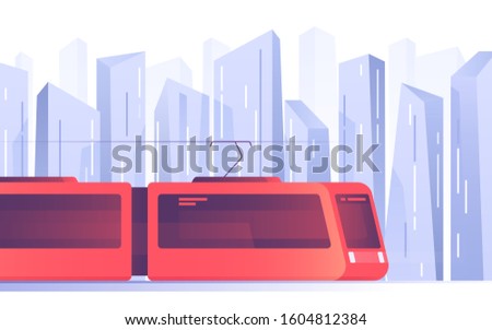 Vector illustration of a modern tram, light rail, commuter train with the city skyline in the background.