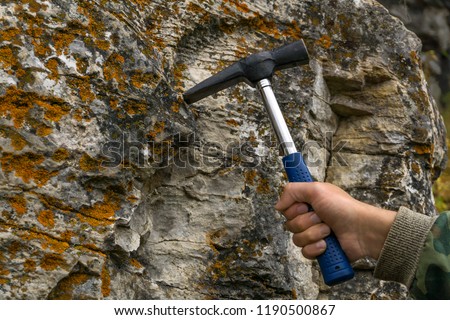 geologist's hand strikes a limestone mossy rock with a geological hammer to take a sample Foto d'archivio © 