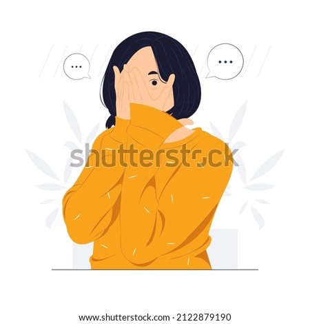 Timid girl covering face with hand and peeking through, embarrassing, feeling sorry, shying concept illustration