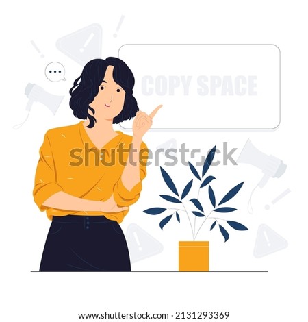 Beautiful woman showing and pointing fingers upper left and right corner with happy expression advices use this copy space wisely concept illustration