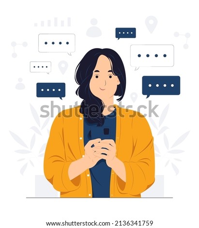 Girl using mobile phone, texting, messaging or chatting with friends online, looking at smart phone concept illustration