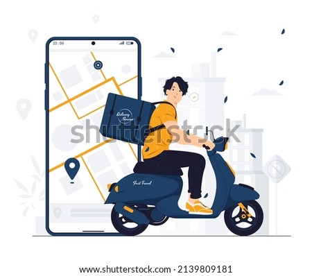 Delivery man courier shipping order with bag riding scooter concept illustration