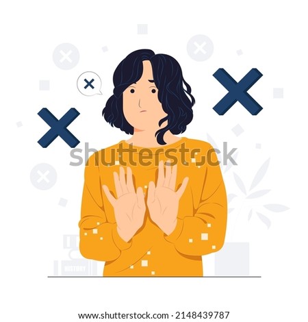 Woman says no and makes stop gesture, forbids something and expresses disagreement, Body language No means no concept illustration