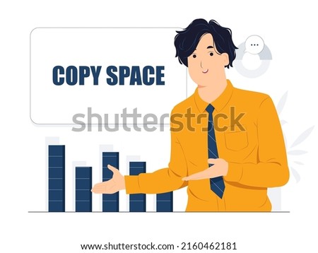 Vector concept illustration Handsome Businessman showing and pointing fingers upper left and right corner with happy expression advices use this copy space wisely flat cartoon style