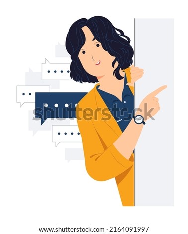 Concept illustration of Young Businesswoman standing behind a wall while peeking with curiosity, startled, shocked, Surprised, peeping, listening, discovery and Pay attention flat cartoon style