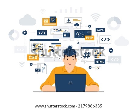 Programmer, Developer, engineer with laptop sitting at the office desk holding a pen while coding and developing concept illustration