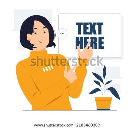 Woman hand pointing finger at left up corner with happy expression and advices use this copy space wisely concept illustration