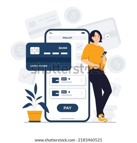 E wallet, digital payment, online transaction with woman standing and holding mobile phone concept illustration