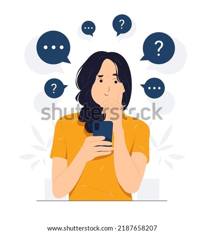 Thinking woman feeling confused holding mobile phone with question mark looking up with thoughtful focused expression concept illustration