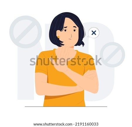 No and makes stop gesture, forbids something and expresses disagreement, Body language No means no concept illustration
