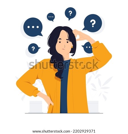 Thinking woman feeling confused holding mobile phone with question mark looking up with thoughtful focused expression concept illustration