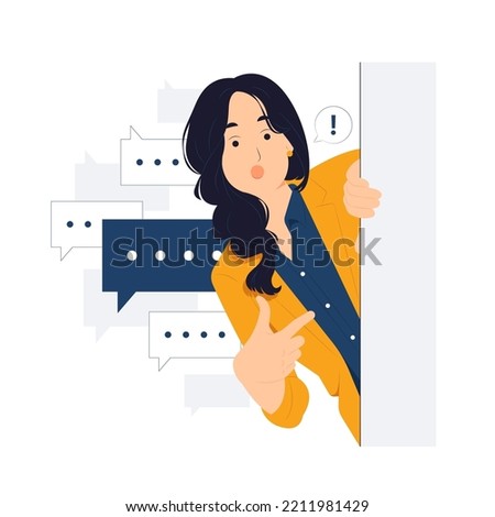 Cheerful Young Businesswoman standing behind a wall while peeking with curiosity, startled, shocked, Surprised, peeping, listening, discovery and Pay attention concept illustration