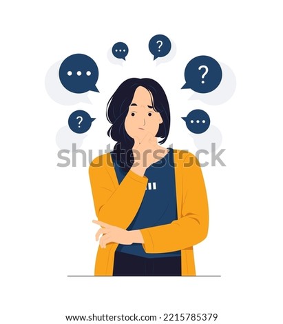 Thinking woman asking questions, feeling confused looking up with thoughtful focused expression, guess and doubt concept illustration