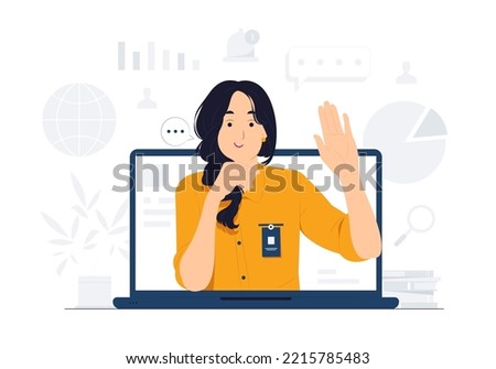 Business woman do business video call conference, telecommuting, Webinar, using laptop talk to colleagues, online learning and remote working concept illustration