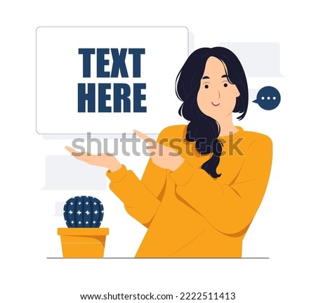 Woman showing and pointing fingers upper left and right corner with happy expression advices use this copy space wisely concept illustration