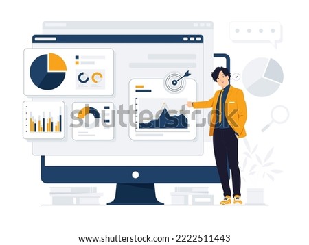Businessman pointing finger at chart to analyzing growth, Site stats, Data inform, Statistics, monitoring financial reports and investments concept illustration