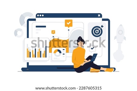 Businesswoman sit with laptop looking at chart to analyzing growth, Site stats, Data inform, Statistics, monitoring financial reports and investments concept illustration