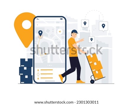 Delivery man pushing a hand truck with cardboard boxes courier shipping order concept illustration