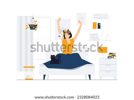 Wake up in the morning, Sweet dreams, good morning, Woman stretching in bed after waking up, entering a day happy and relaxed after good night sleep concept illustration