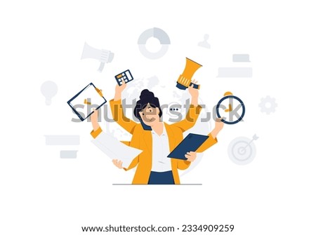 Busy businesswoman multitask activities with many hands in a suit works simultaneously with several objects concept illustration