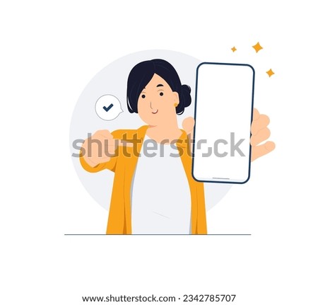 Excited woman showing blank empty mobile smart phone with copy space and pointing her index finger close up on it concept illustration