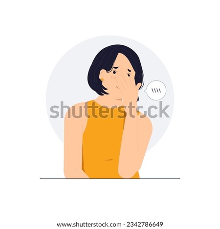 Timid embarrassed woman hiding covering the face with hands and peeking through, embarrassment and shame, feeling shy concept illustration