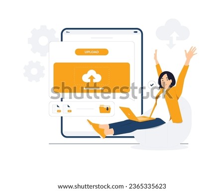 Businesswoman using laptop computer upload file and download information data on cloud computing technology network, work from home concept illustration